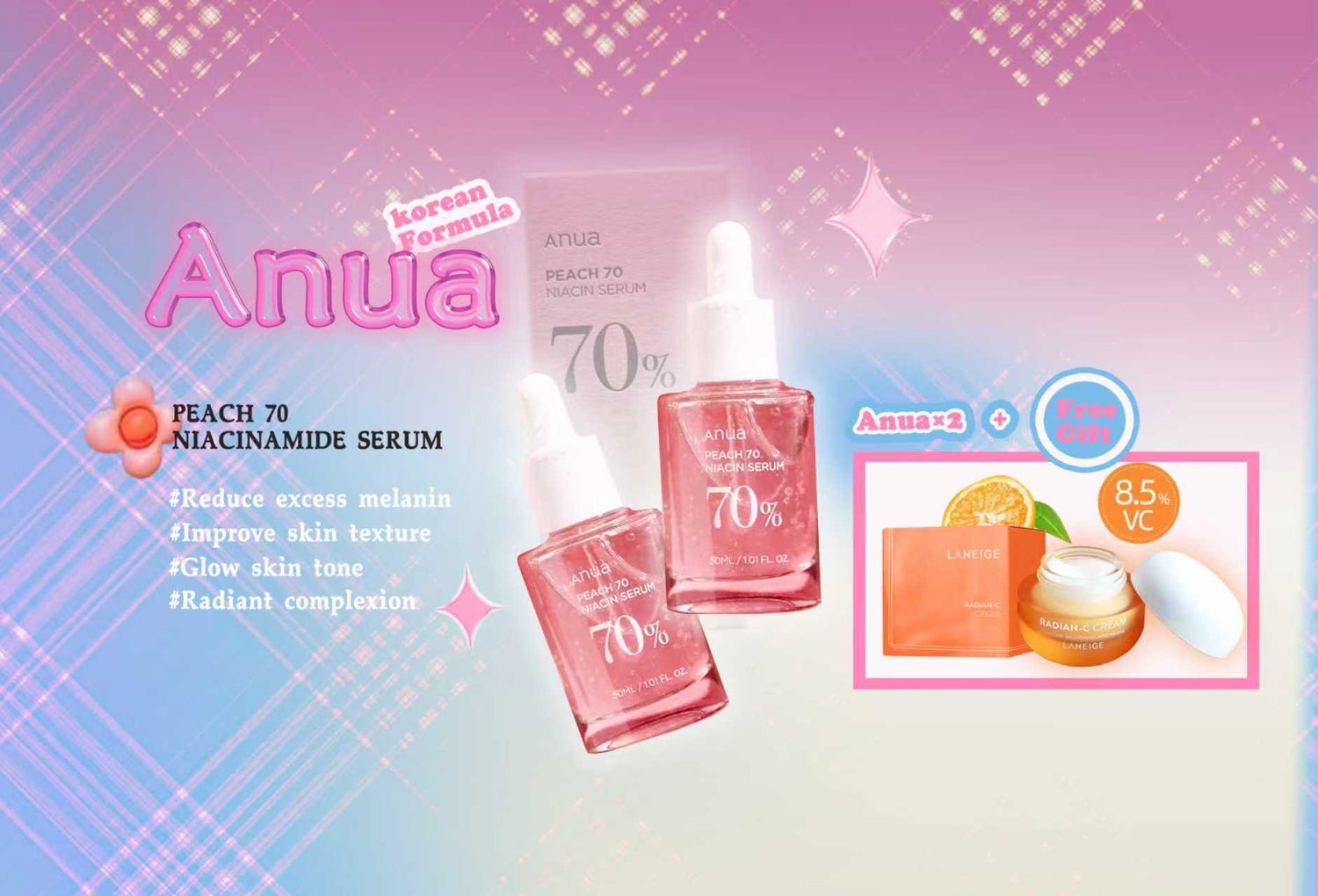 Limited time Sale ! Anua Peach 70 Niacin Serum 30ML x2 : Plus free gift– Brightening & Hydrating Serum for Even Skin Tone