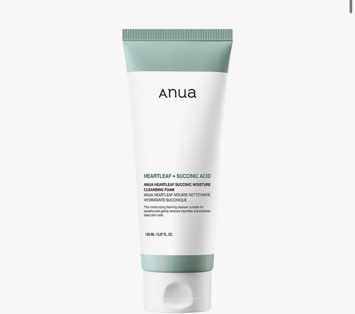 ANUA Heartleaf Succinic Moisture Cleansing Foam – Hydrating & Soothing Foam Cleanser for Soft, Clear Skin - Korean Beauty KR