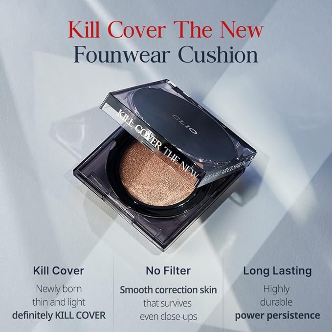 CLIO Kill Cover The New Founwear Cushion SPF50+ PA+++ (15gX2) – Full Coverage Cushion Foundation with High Sun Protection for Flawless, Long - Lasting Skin - Korean Beauty KR