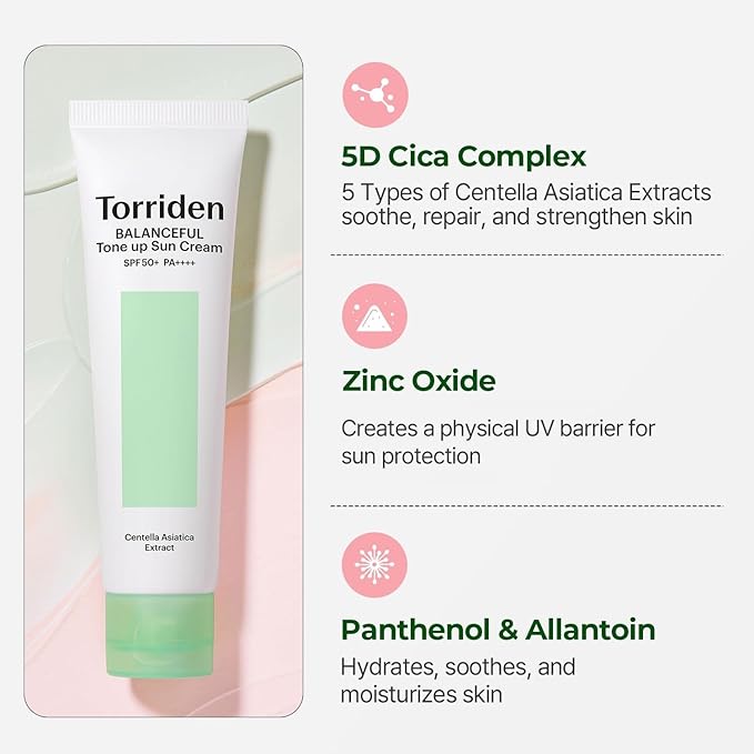 Torriden BALANCEFUL Cica Tone - up Sun Cream 60ml – Soothing Sunscreen with Tone - Up Effect for Glowing, Protected Skin - Korean Beauty KR