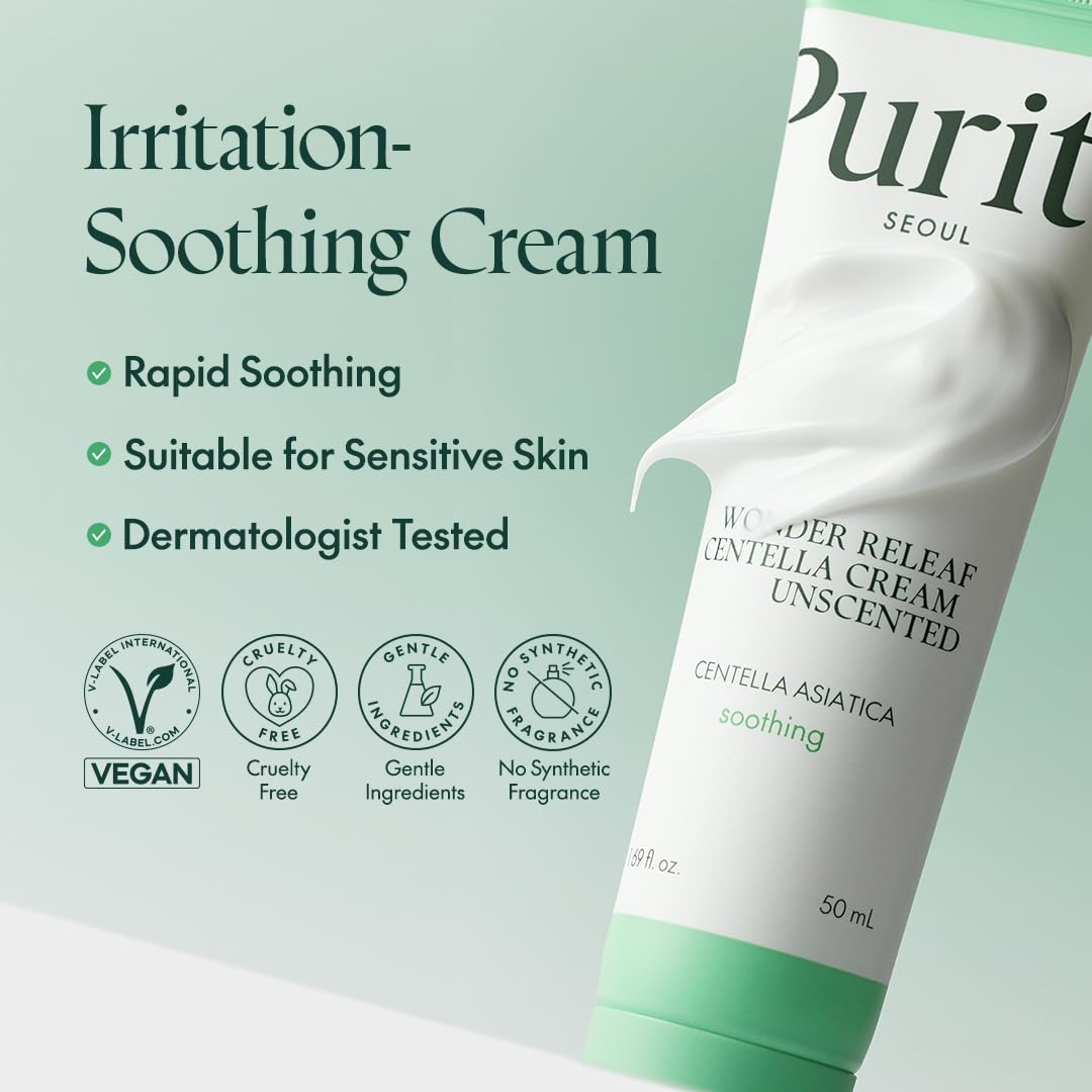 PURITO SEOUL Wonder Releaf Centella Cream Unscented 50ml – Soothing & Hydrating Cream for Sensitive, Irritated Skin - Korean Beauty KR