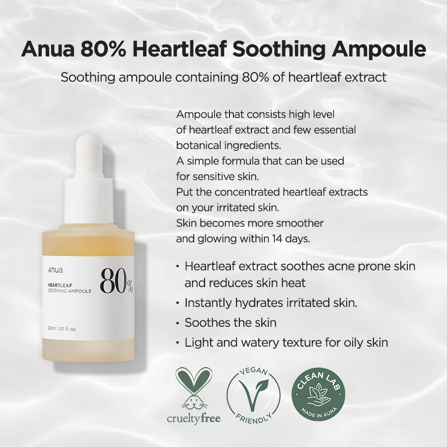 Anua Heartleaf 80% Ampoule 30ml – Soothing & Hydrating Ampoule for Sensitive, Irritated Skin - Korean Beauty KR
