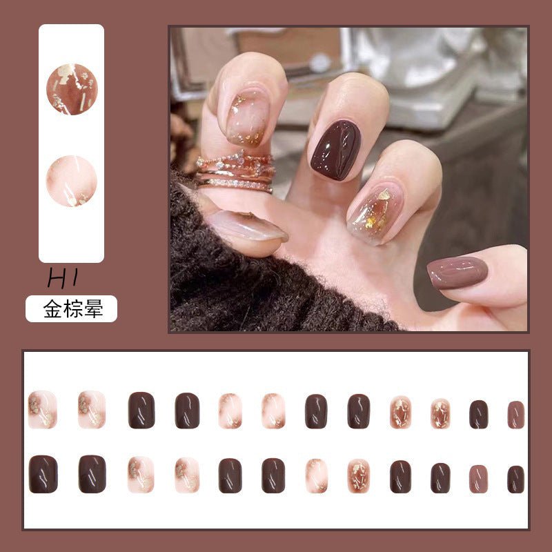 Brown Golden Press - On Nails | Glue On Nails for Women Gift | Nail Kit with Glue - Korean Beauty KR
