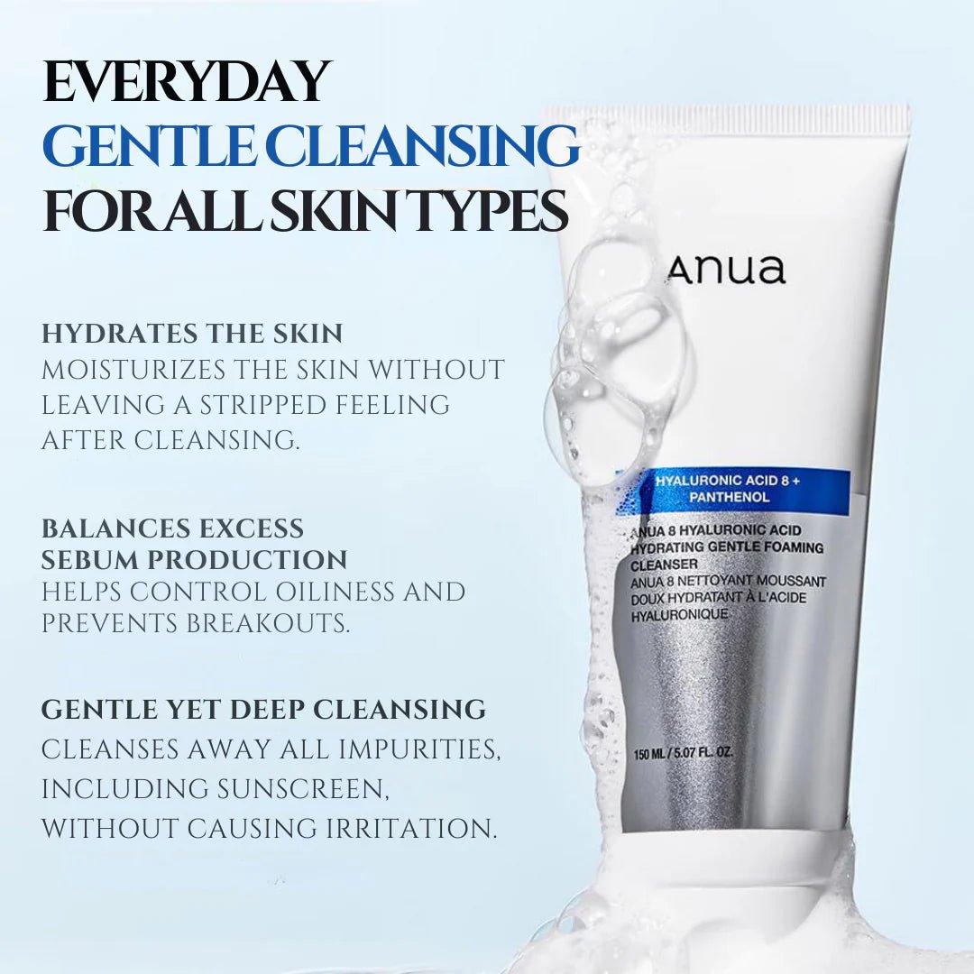 ANUA 8 Hyaluronic Acid Hydrating Gentle Foaming Cleanser 150ML – Moisturizing & Soothing Cleanser for Soft, Hydrated Skin - Korean Beauty KR