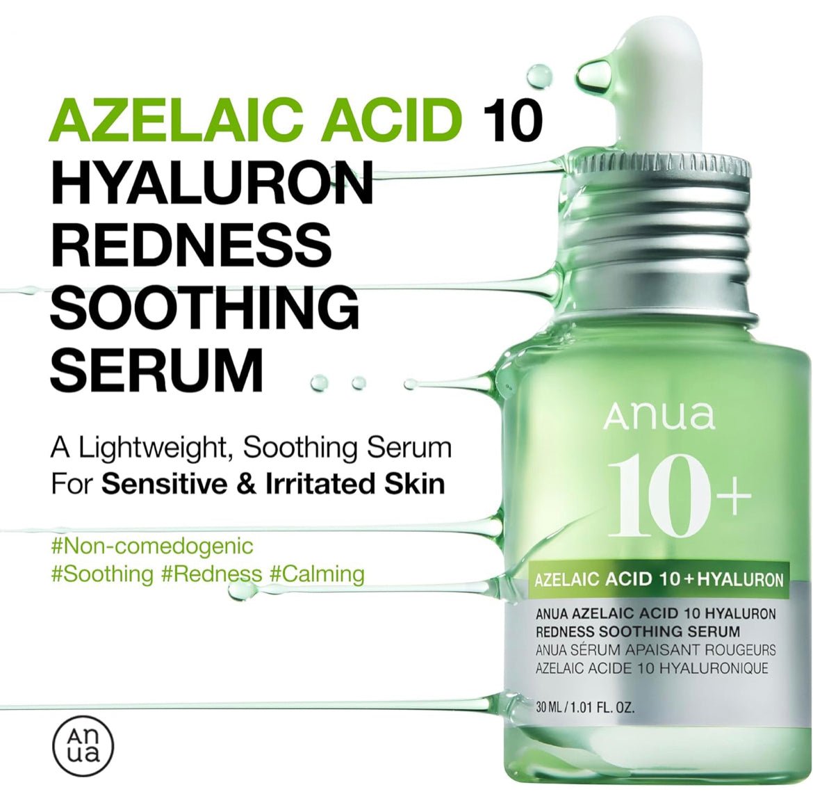 Anua Azelaic Acid 10% & Hyaluron Redness Soothing Serum 30ML – Calming & Hydrating Serum for Sensitive Skin - Korean Beauty KR