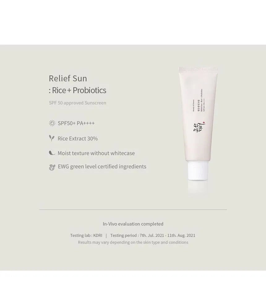 Beauty of Joseon Relief Sun: Rice + Probiotics 50ml – Soothing Sunscreen with Rice Extract & Probiotics for Glowing, Protected Skin - Korean Beauty KR
