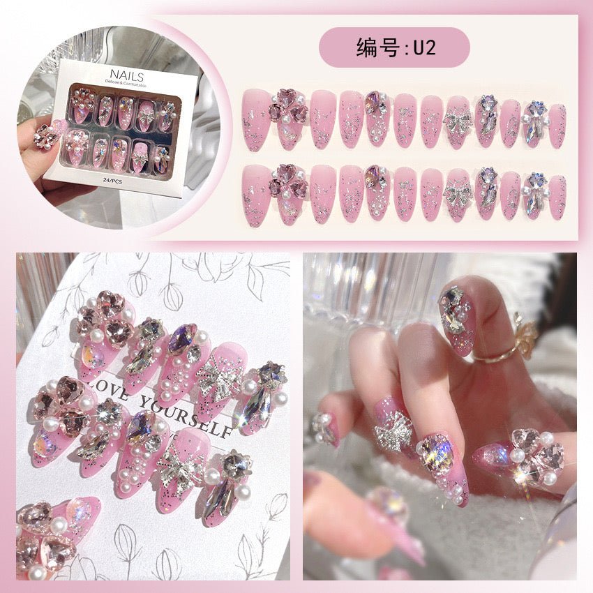 Diamond Press on Nails Glue on Kit for Women | Nail Glue & Tools Long Coffin Acrylic Nails Glossy 3D Bling Wedding Party Nails, Reusable Instant Manicure Full Cover Tips CQ