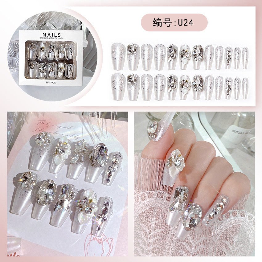 Diamond Press on Nails Glue on Kit for Women | Nail Glue & Tools Long Coffin Acrylic Nails Glossy 3D Bling Wedding Party Nails, Reusable Instant Manicure Full Cover Tips CQ