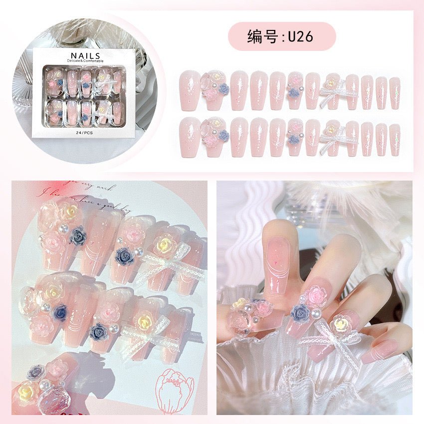 Diamond Press on Nails Glue on Kit for Women | Nail Glue & Tools Long Coffin Acrylic Nails Glossy 3D Bling Wedding Party Nails, Reusable Instant Manicure Full Cover Tips CQ