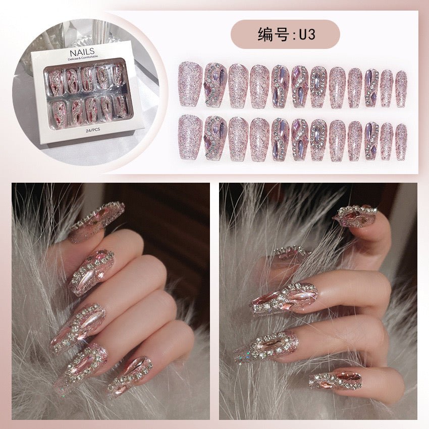 Diamond Press on Nails Glue on Kit for Women | Nail Glue & Tools Long Coffin Acrylic Nails Glossy 3D Bling Wedding Party Nails, Reusable Instant Manicure Full Cover Tips CQ
