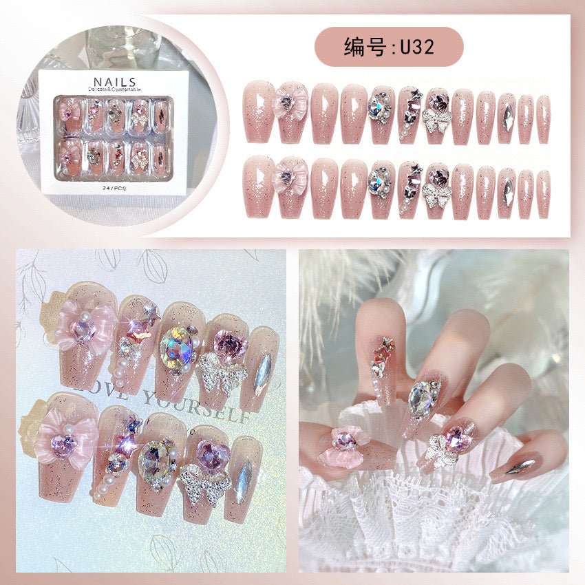 Diamond Press on Nails Glue on Kit for Women | Nail Glue & Tools Long Coffin Acrylic Nails Glossy 3D Bling Wedding Party Nails, Reusable Instant Manicure Full Cover Tips CQ