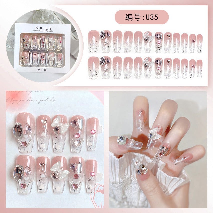 Diamond Press on Nails Glue on Kit for Women | Nail Glue & Tools Long Coffin Acrylic Nails Glossy 3D Bling Wedding Party Nails, Reusable Instant Manicure Full Cover Tips CQ