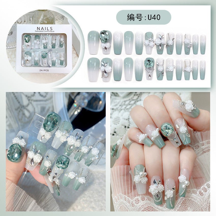 Diamond Press on Nails Glue on Kit for Women | Nail Glue & Tools Long Coffin Acrylic Nails Glossy 3D Bling Wedding Party Nails, Reusable Instant Manicure Full Cover Tips CQ