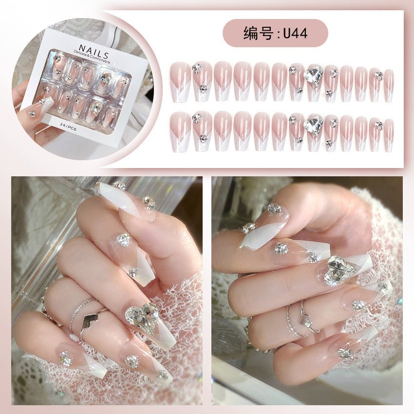 Diamond Press on Nails Glue on Kit for Women | Nail Glue & Tools Long Coffin Acrylic Nails Glossy 3D Bling Wedding Party Nails, Reusable Instant Manicure Full Cover Tips CQ
