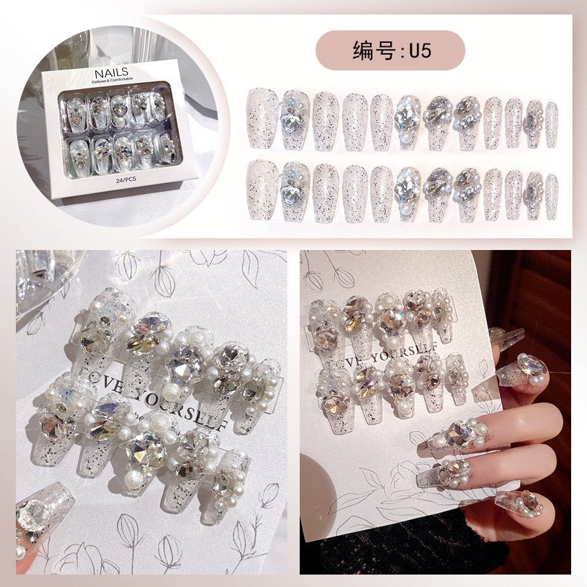Diamond Press on Nails Glue on Kit for Women | Nail Glue & Tools Long Coffin Acrylic Nails Glossy 3D Bling Wedding Party Nails, Reusable Instant Manicure Full Cover Tips CQ