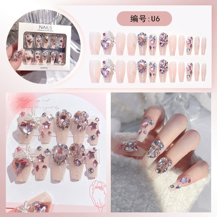 Diamond Press on Nails Glue on Kit for Women | Nail Glue & Tools Long Coffin Acrylic Nails Glossy 3D Bling Wedding Party Nails, Reusable Instant Manicure Full Cover Tips CQ