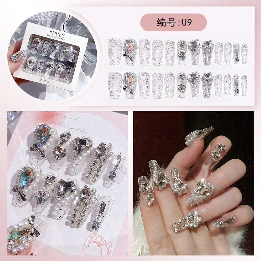 Diamond Press on Nails Glue on Kit for Women | Nail Glue & Tools Long Coffin Acrylic Nails Glossy 3D Bling Wedding Party Nails, Reusable Instant Manicure Full Cover Tips CQ