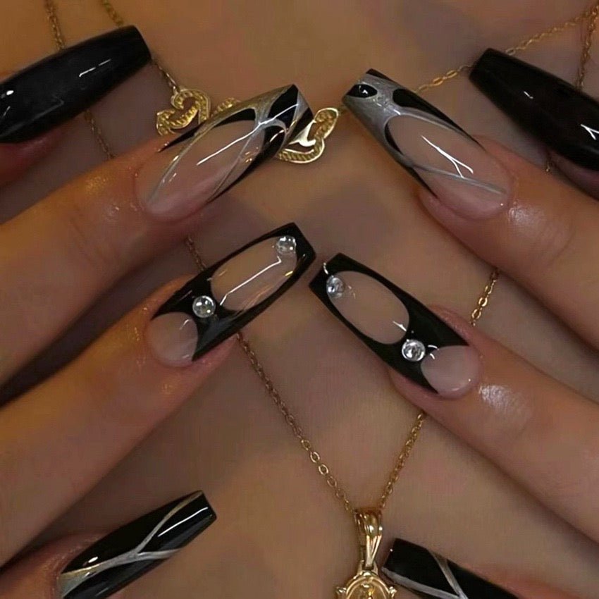 Siren Press on Nails Glue on Kit for Women | Nail Glue & Tools Extra Long Stiletto False Nails, Vampy Black Red Metallic Sharp Tips, Dangerous Glam Nail Art for Night Out CQ