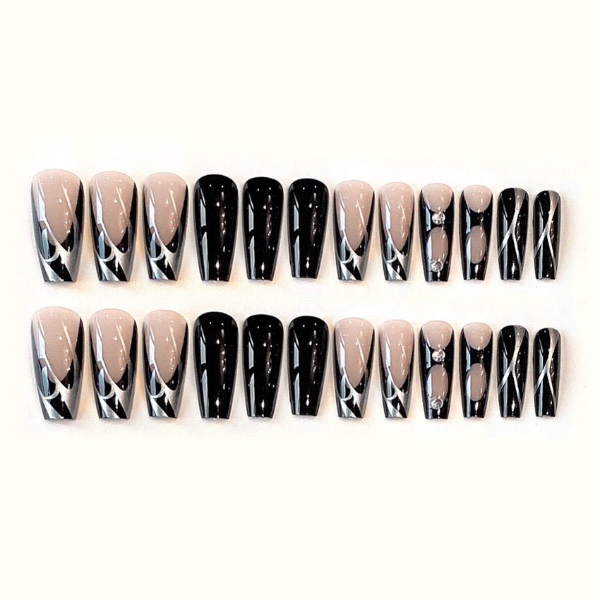 Siren Press on Nails Glue on Kit for Women | Nail Glue & Tools Extra Long Stiletto False Nails, Vampy Black Red Metallic Sharp Tips, Dangerous Glam Nail Art for Night Out CQ