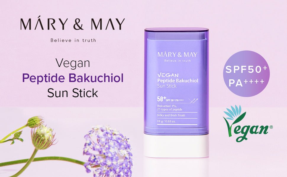 Mary&May Vegan Peptide Bakuchiol Sun Stick SPF50+ PA++++ 18g – Vegan Sunscreen Stick with Peptide & Bakuchiol for High UV Protection and Anti - Aging - Korean Beauty KR