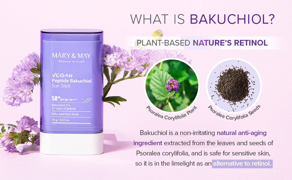 Mary&May Vegan Peptide Bakuchiol Sun Stick SPF50+ PA++++ 18g – Vegan Sunscreen Stick with Peptide & Bakuchiol for High UV Protection and Anti - Aging - Korean Beauty KR