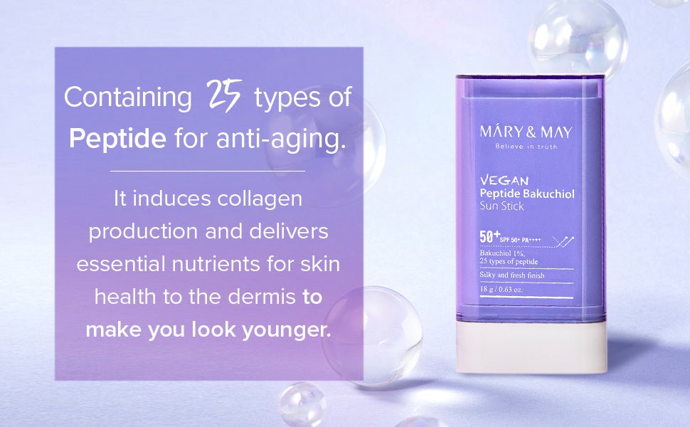 Mary&May Vegan Peptide Bakuchiol Sun Stick SPF50+ PA++++ 18g – Vegan Sunscreen Stick with Peptide & Bakuchiol for High UV Protection and Anti - Aging - Korean Beauty KR