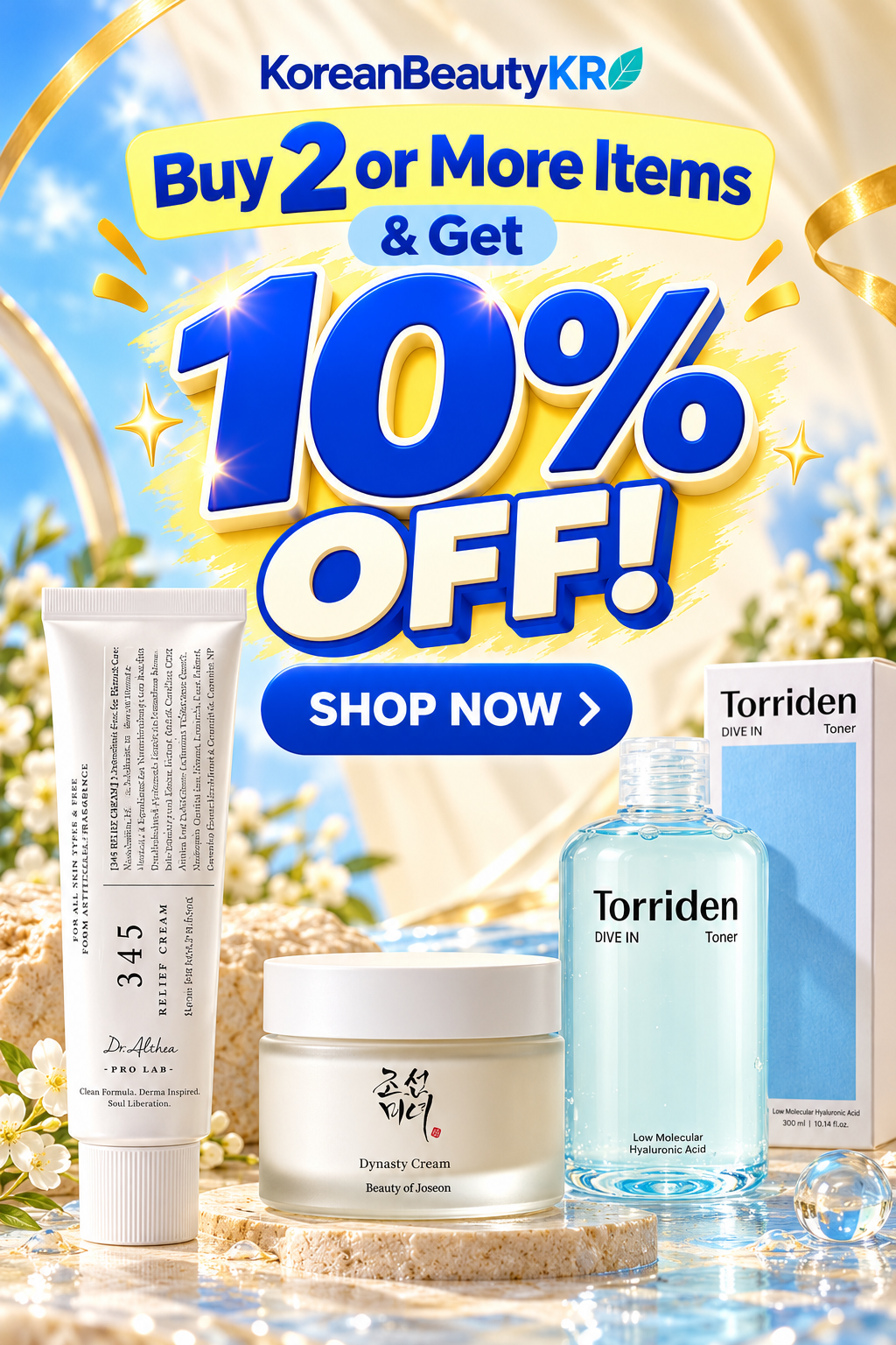 Buy 2 or More Items & Get 10% OFF! Shop now. Featuring Dr.Althea 345 Relief Cream, Torriden DIVE IN Toner and Beauty of Joseon Dynasty Cream.