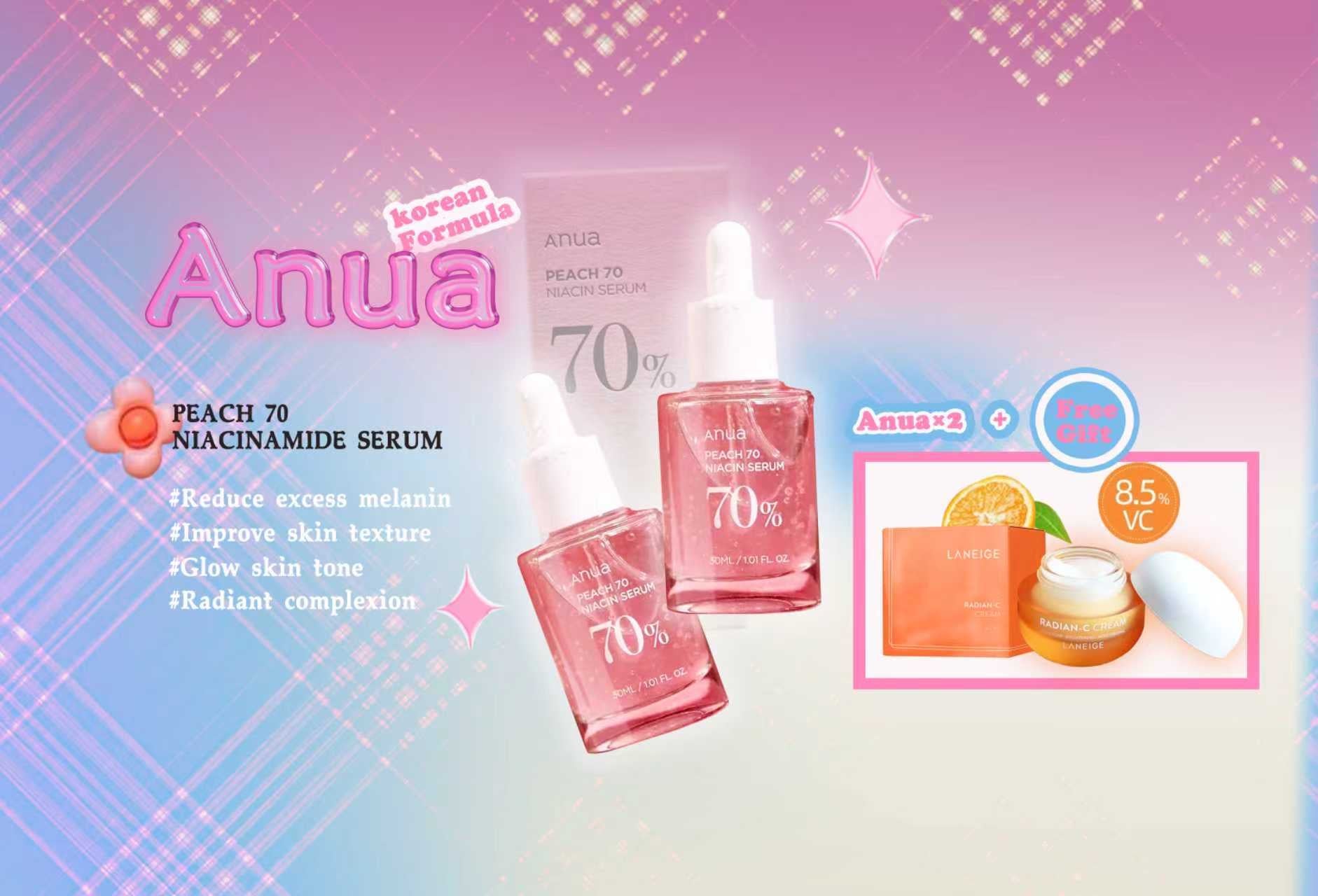 Limited time Sale ! Anua Peach 70 Niacin Serum 30ML x2 : Plus free gift– Brightening & Hydrating Serum for Even Skin Tone - Korean Beauty KR