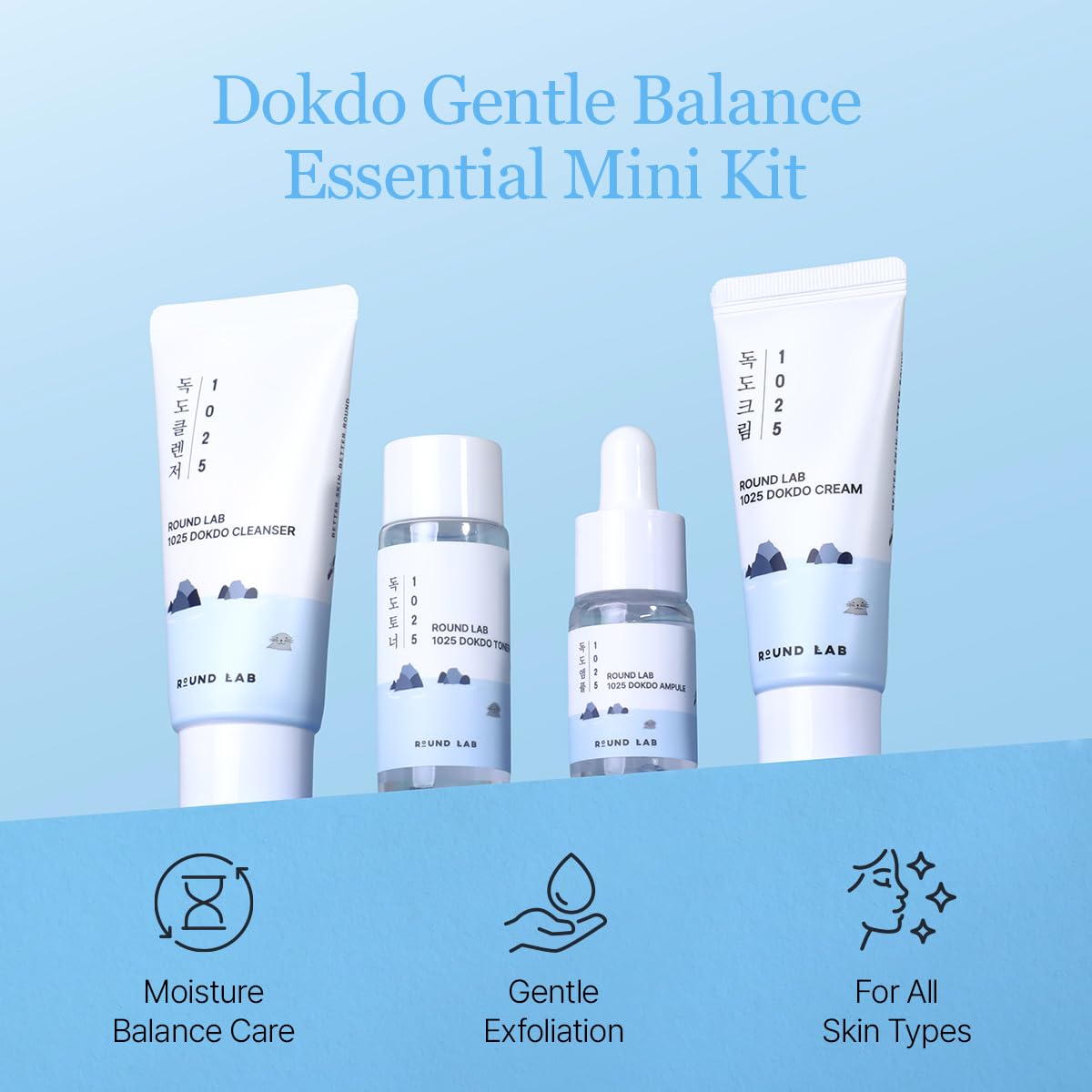 ROUND LAB 1025 Dokdo Hydrating Mini Size Kit (Cleanser, Toner, Ampule, Cream), Deep Hydration for Dry Skin, Daily Skin Care Routine Trial Kit for Moisture Care, Travel Size Gift Set, Korean Skin Care - Korean Beauty KR