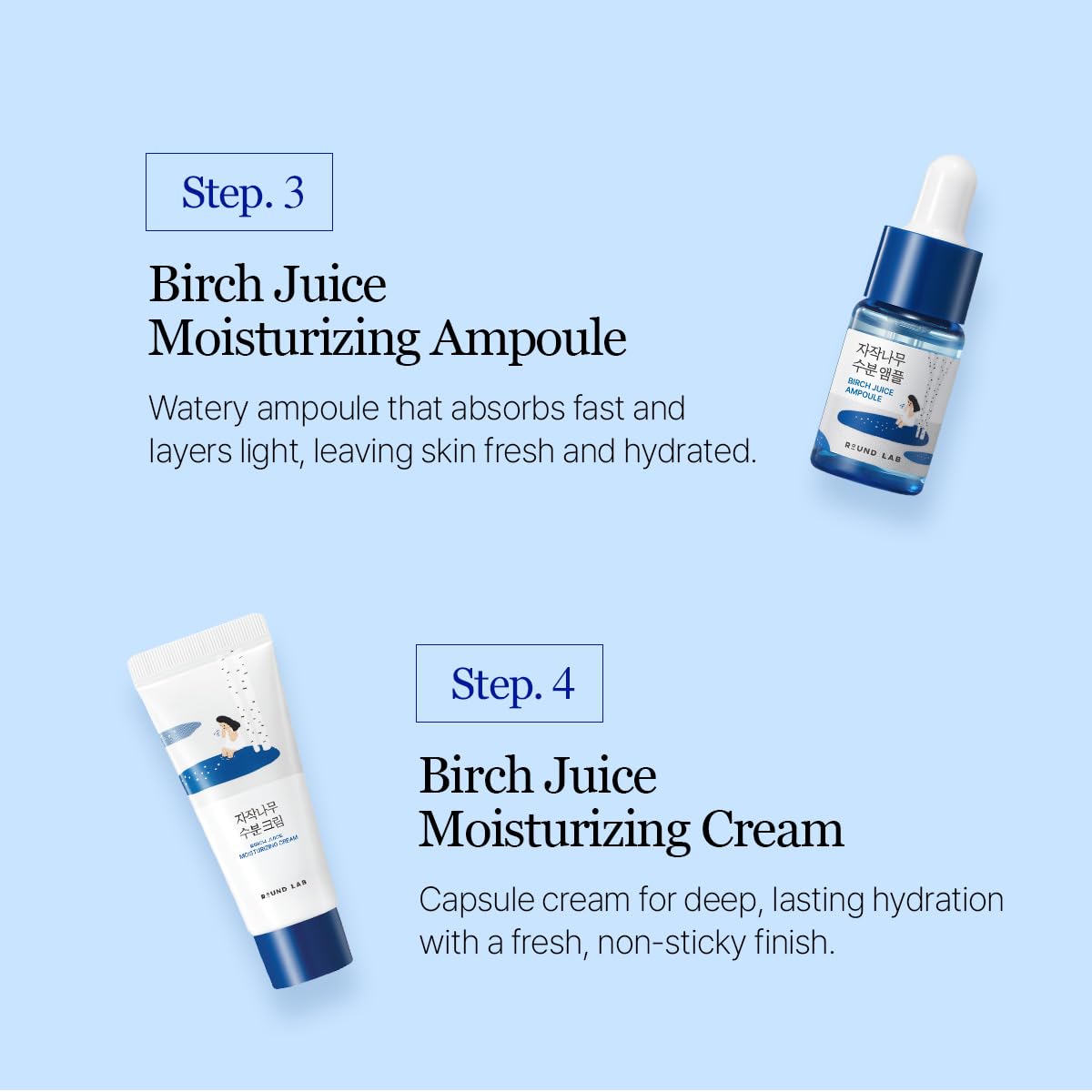 ROUND LAB Birch Juice Moisturizing Mini Kit, 4 - Step Travel Size Skincare Set (Cleanser, Toner, Serum, Cream), Daily Skin Care Routine Trial Kit for Acne - Prone and Sensitive Skin, Korean Skin Care - Korean Beauty KR